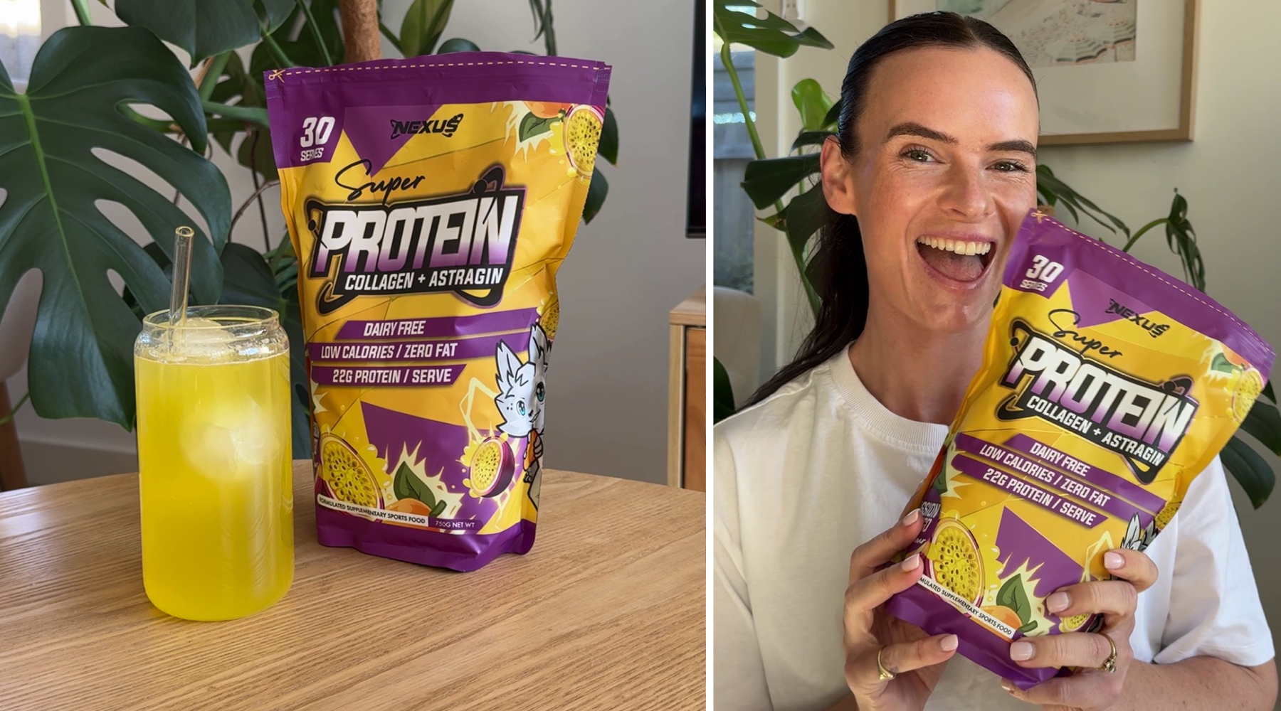 Nexus protein water on table and girl holding it