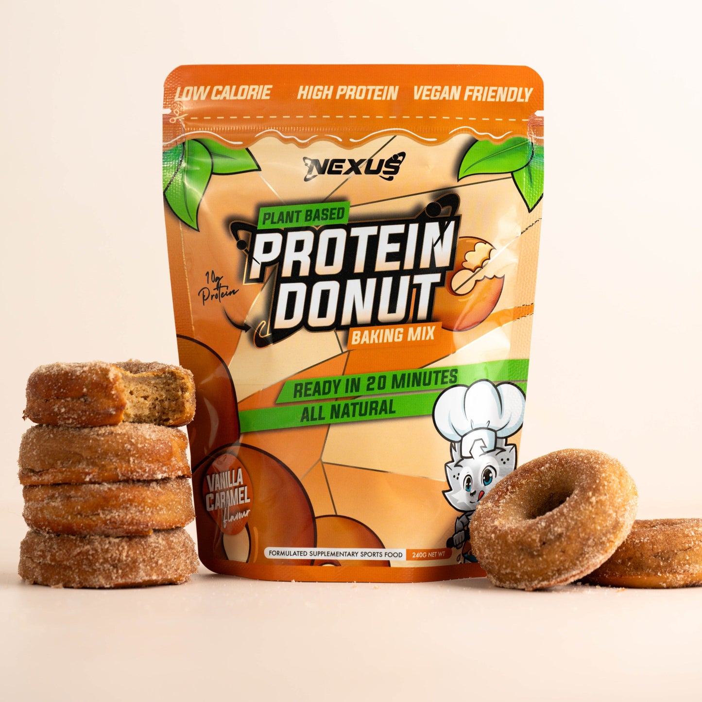 Delicious and natural vegan protein donut with vanilla and caramel