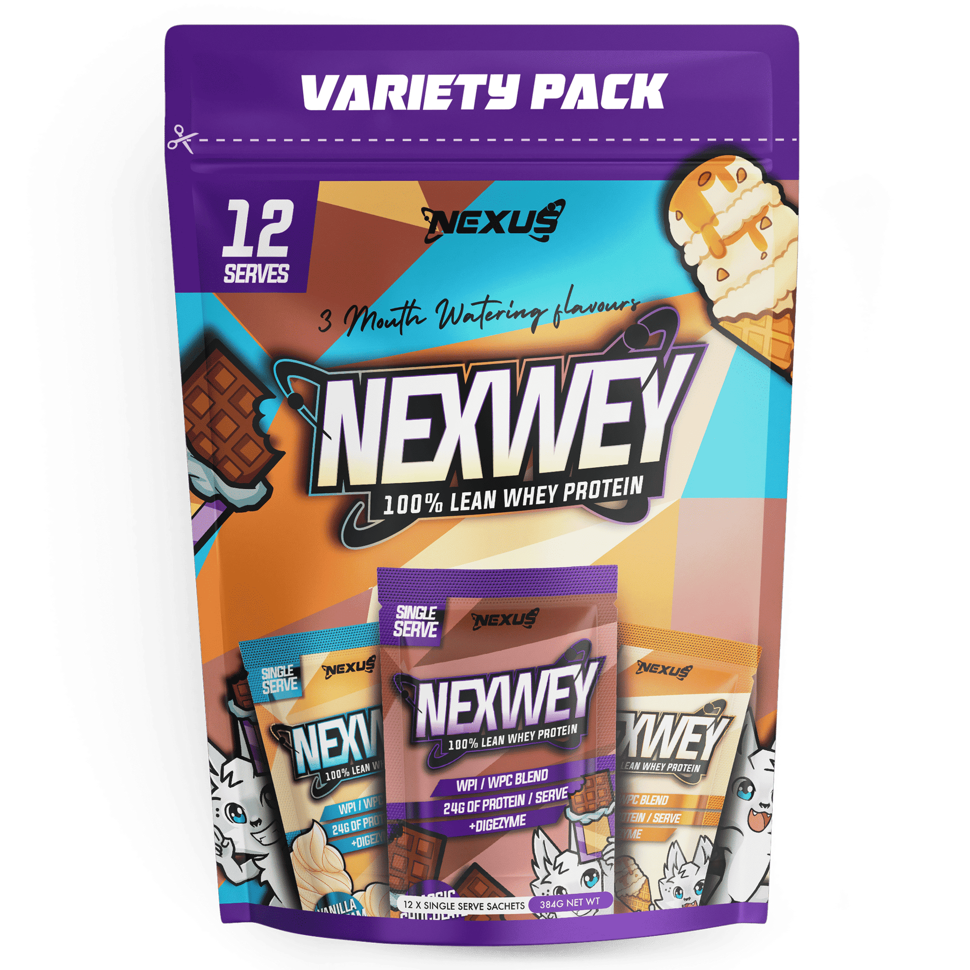 Nexwhey Variety pack with chocolate, vanilla and more